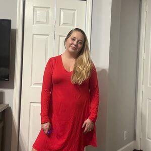 Accent Red V-Neck Long Sleeve Swing Dress – Size M